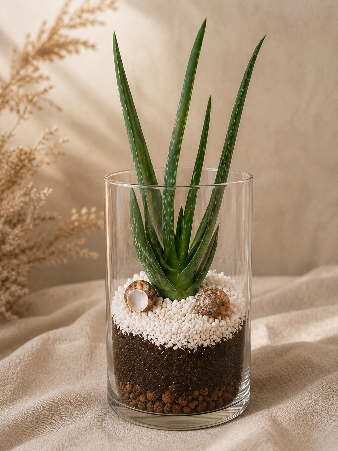 Naturalny ogród w szkle z aloesem i muszlami