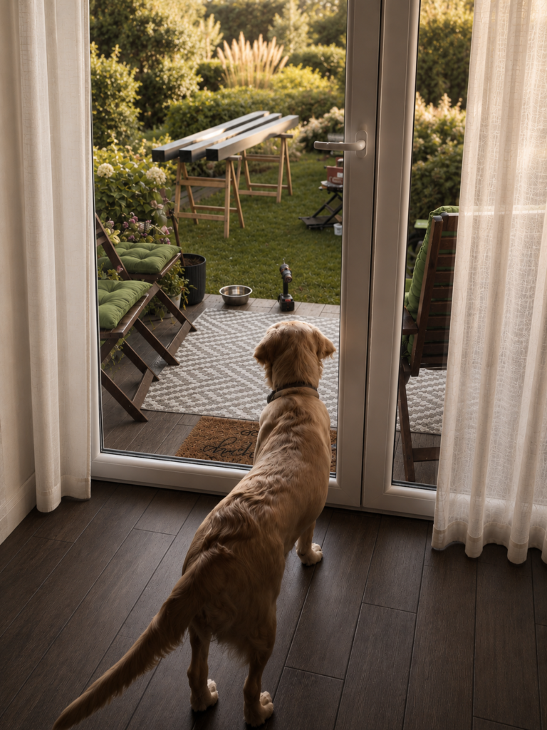 Golden Retriever w ogrodzie obserwujący budowę i otoczenie domu