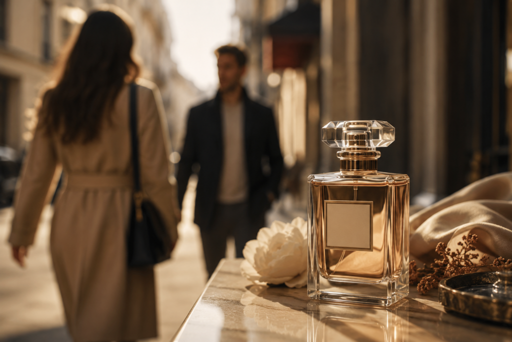 Elegancki flakon perfum na pierwszym planie oraz dwie mijające się osoby w tle. Zdjęcie symbolizuje wpływ zapachu na pamięć i wspomnienia.